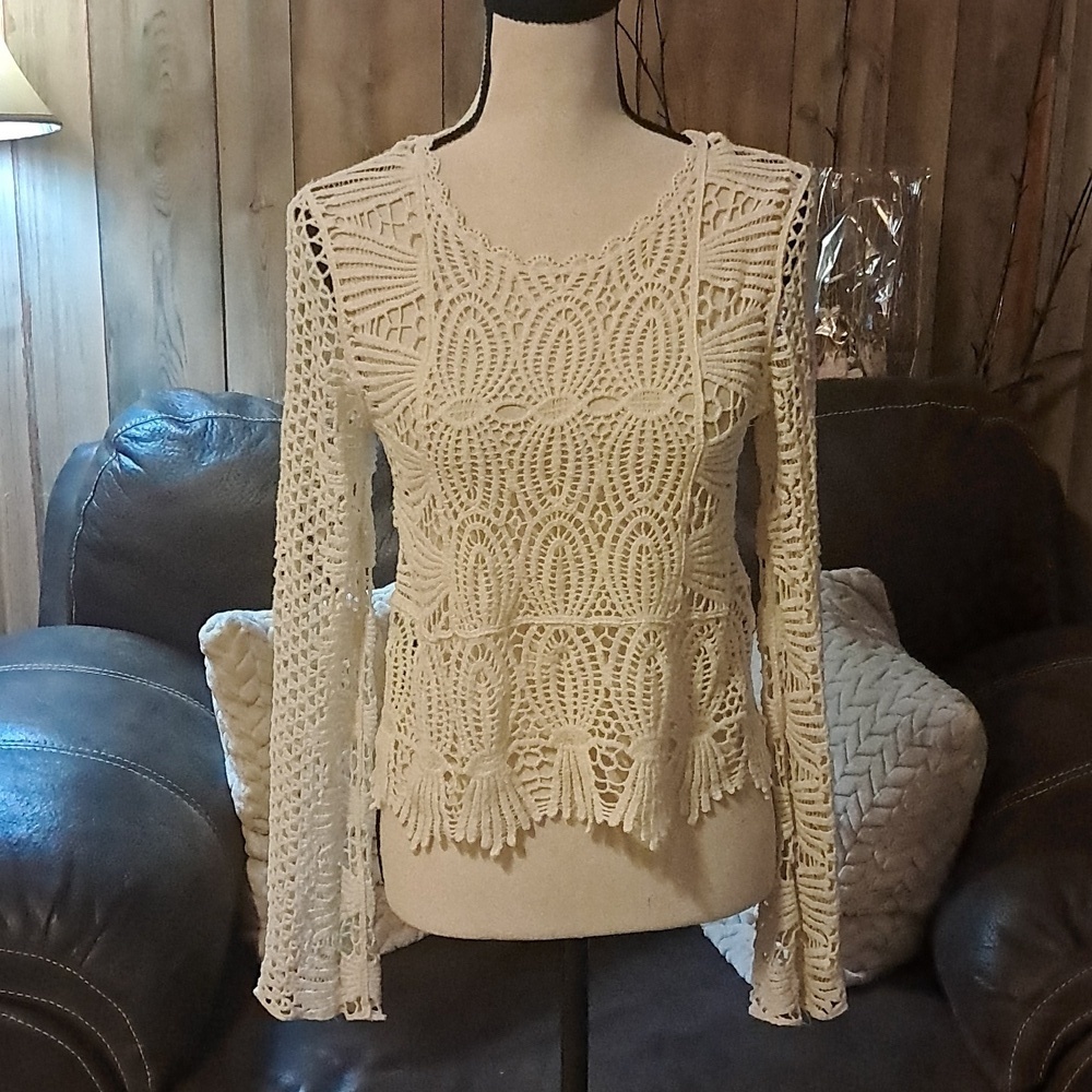 Rebellion Cream Cropped Crochet Long Sleeve Sweater Top Bell Sleeve  Boho